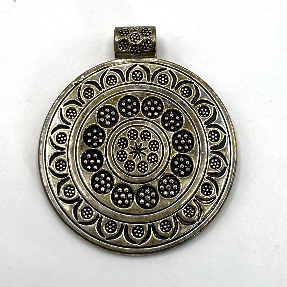 Vintage Silver Tone Ornate Round Medallion Pendant – Textured Folk Style Jewelry